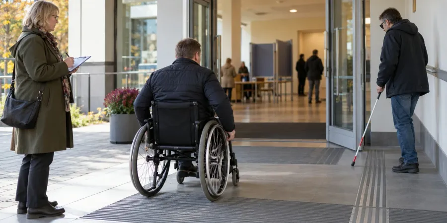 Vīrietis riteņkrēslā un cilvēks ar balto spieķi pārbauda piekļūstamu ieeju sabiedriskā ēkā