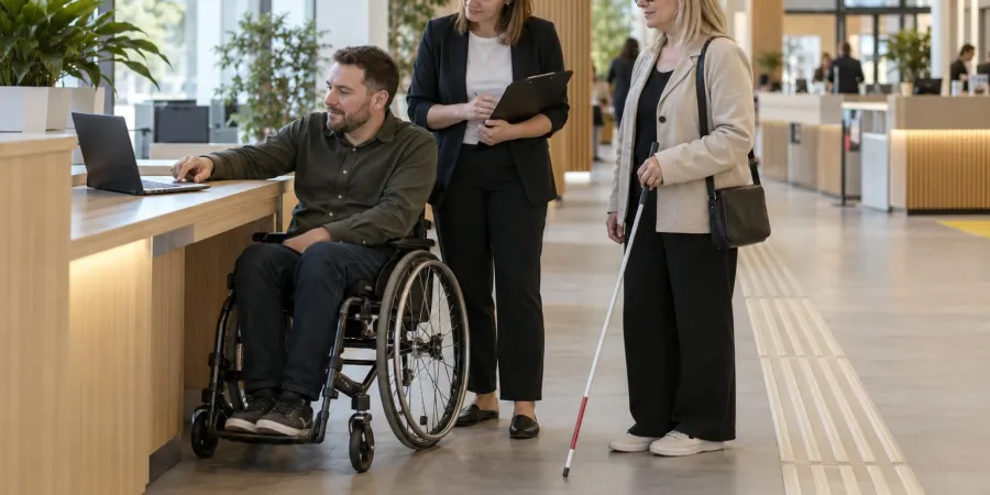 Cilvēki ar riteņkrēslu un balto spieķi kopā ar speciālisti pārbauda pašvaldības pakalpojumu