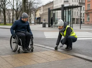 Cilvēks ratiņkrēslā un pašvaldības speciāliste pārbauda apmales augstumu pie gājēju pārejas.