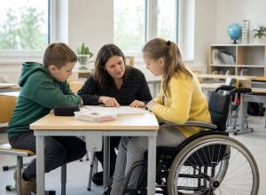 Skolniece ratiņkrēslā pie galda kopā ar skolotāju un klasesbiedru pārrunā mācību uzdevumu gaišā klasē.