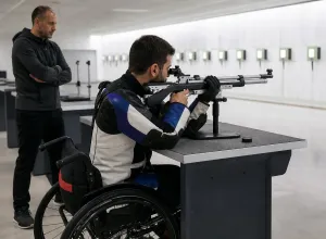 Para šāvējs ratiņkrēslā trenējas ar pneimatisko šauteni iekštelpu šautuvē, trenerim vērojot no malas.