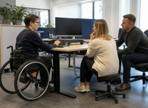 Darbiniece riteņkrēslā kopā ar ergoterapeiti un vadītāju izvērtē augstumā regulējamu darba vietu.