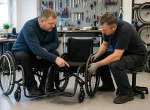 Riteņkrēsla lietotājs un servisa tehniķis darbnīcā pārbauda rezerves riteņkrēsla riteni un bremzes.
