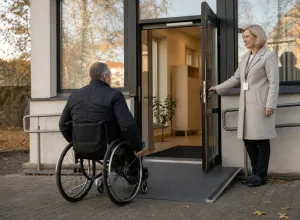Riteņkrēsla lietotājs pa uzbrauktuvi tuvojas publiskas ēkas ieejai, kur darbiniece tur atvērtas durvis.