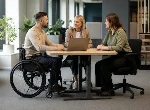 Riteņkrēsla lietotājs pie regulējama biroja galda pārrunā darba uzdevumus ar vadītāju un kolēģi.