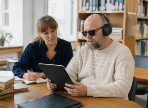 Neredzīgs lasītājs ar austiņām izmanto planšeti, kamēr izdevniecības darbiniece blakus pieraksta novērojumus.