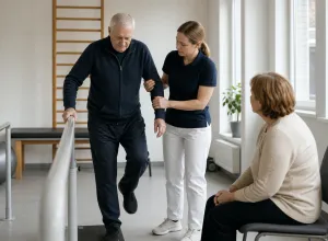 Fizioterapeite rehabilitācijas zālē palīdz vecākam vīrietim vingrināt līdzsvaru, kamēr tuviniece vēro nodarbību.