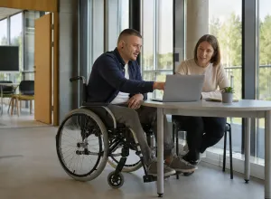 Vīrietis riteņkrēslā un kursu koordinatore pie galda kopīgi pārlūko informāciju klēpjdatorā pieejamā mācību centrā.