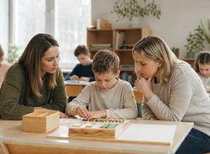 Skolēns klasē pilda praktisku uzdevumu, kamēr skolotāja un atbalsta speciāliste vēro un palīdz.