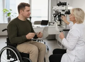 Cilvēks riteņkrēslā optometrijas kabinetā tur brilles un sarunājas ar redzes aprūpes speciālisti.
