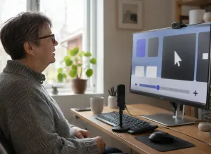 Cilvēks pie mājas datora izmanto mikrofonu un ekrānā apskata palielinātus saskarnes elementus.