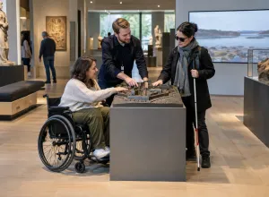 Riteņkrēsla lietotāja un apmeklētāja ar balto spieķi kopā ar muzeja darbinieku izpēta taustes maketu.