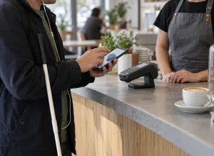 Cilvēks ar balto spieķi kafejnīcā izmanto viedtālruni pie maksājumu termināļa.