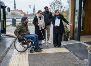 Riteņkrēsla lietotājs un cilvēks ar balto spieķi kopā ar tūrisma darbinieci pārbauda pieejamu ieeju.