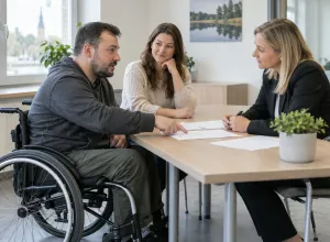 Vīrietis riteņkrēslā norāda uz anketu, sarunājoties ar novērtēšanas speciālisti un atbalsta personu.