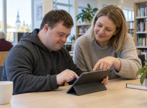 Vīrietis un pasniedzēja bibliotēkā kopīgi izmanto planšetdatoru