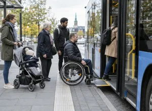 Riteņkrēsla lietotājs kopā ar citiem pasažieriem iekāpj zemās grīdas autobusā