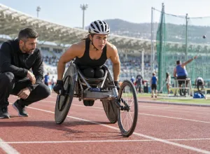 Para sportiste sacensību riteņkrēslā gatavojas startam kopā ar treneri stadionā