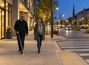 Vājredzīgs gājējs ar balto spieķi pārvietojas pa vienmērīgi izgaismotu pilsētas ietvi vakarā