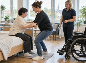 Aprūpētāja mācību dalībniece vingrina drošu pārsēšanos instruktora vadībā