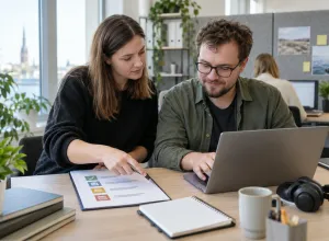 Divi kolēģi birojā kopīgi pārskata darba plūsmu datorā un strukturētā kontrolsarakstā