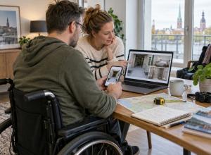 Riteņkrēsla lietotājs un pavadone pie datora pārbauda naktsmītnes ieeju, numuru un sanitāro telpu