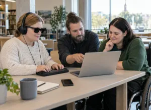 Trīs cilvēki bibliotēkā kopīgi pārbauda piekļūstamu digitālo pakalpojumu datorā un taktilā ierīcē