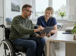 Riteņkrēsla lietotājs kopā ar veselības aprūpes speciālisti pārskata informāciju planšetdatorā