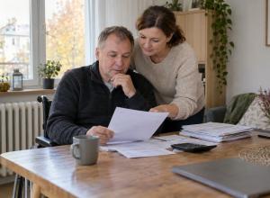 Cilvēks riteņkrēslā kopā ar tuvinieci pie galda pārskata mājokļa rēķinus