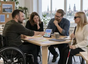 Dažādu spēju dalībnieki pie galda kopīgi apspriež piekļūstamas lietotnes prototipu