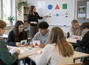 Skolotāja un pedagoga palīgs atbalsta skolēnus kopīgā uzdevumā ar vizuālām kartītēm