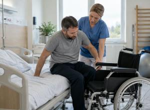 Rehabilitācijas speciāliste palīdz pacientam droši pārsēsties no slimnīcas gultas riteņkrēslā