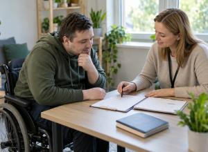 Vīrietis riteņkrēslā kopā ar speciālisti pārskata rehabilitācijas plānu pie galda