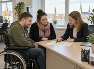Riteņkrēsla lietotājs un asistente kopā ar sociālo darbinieci pārskata pakalpojuma grafiku