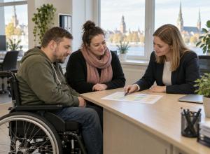 Riteņkrēsla lietotājs un asistente kopā ar sociālo darbinieci pārskata pakalpojuma grafiku