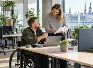 Darbinieks riteņkrēslā pie piekļūstama galda pārrunā dokumentu ar kolēģi gaišā birojā