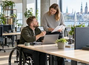 Darbinieks riteņkrēslā pie piekļūstama galda pārrunā dokumentu ar kolēģi gaišā birojā