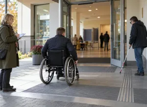 Vīrietis riteņkrēslā un cilvēks ar balto spieķi pārbauda piekļūstamu ieeju sabiedriskā ēkā