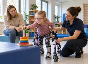 Meitene ar staigāšanas palīgierīci rehabilitācijas nodarbībā sniedzas pēc krāsaina riņķa