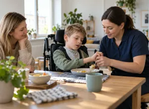 Aprūpes speciāliste palīdz bērnam pie galda, kamēr mamma vēro viņu ikdienas gaitas