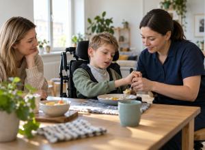 Aprūpes speciāliste palīdz bērnam pie galda, kamēr mamma vēro viņu ikdienas gaitas
