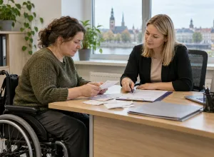 Sieviete riteņkrēslā kopā ar sociālo darbinieci pārskata čekus un pabalsta dokumentus