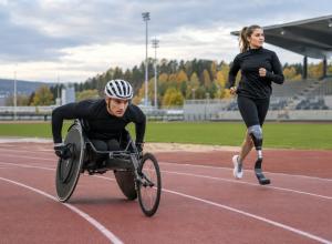 Riteņkrēsla sprinteris un sportiste ar protēzi trenējas vieglatlētikas stadionā
