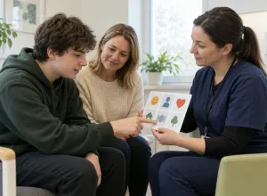 Jaunietis kopā ar atbalsta personu un mediķi izmanto attēlu saziņas karti