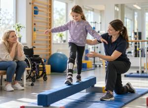 Meitene rehabilitācijas nodarbībā trenē līdzsvaru kopā ar fizioterapeiti