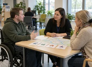 Vīrietis riteņkrēslā ar atbalsta personu pārrunā pakalpojumus pie sociālās darbinieces