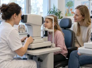 Acu aprūpes speciāliste pārbauda meitenes redzi, kamēr mamma sēž līdzās
