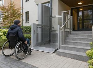 Cilvēks riteņkrēslā pie daudzdzīvokļu mājas ieejas ar platformas pacēlāju un kāpnēm