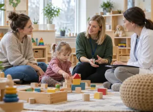 Bērns rotaļājas ar klucīšiem, kamēr vecāks, pedagoģe un veselības speciāliste sarunājas