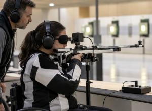 Sportiste ar aizsegtām acīm un austiņām mērķē ar pneimatisko šauteni trenera klātbūtnē